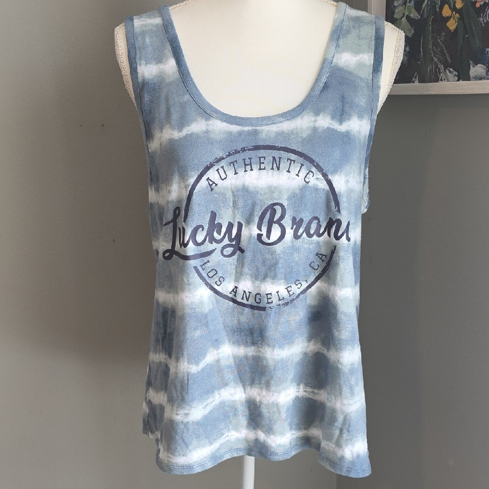 Lucky Brand Blue & White Tie-Dye Scoop Neck Tank XXL